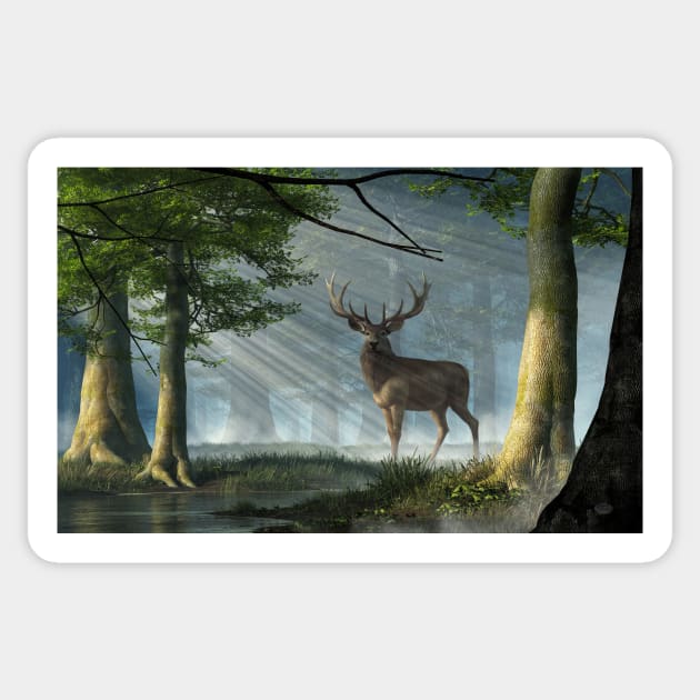 Red Deer in the Deep Forest Sticker by DanielEskridge